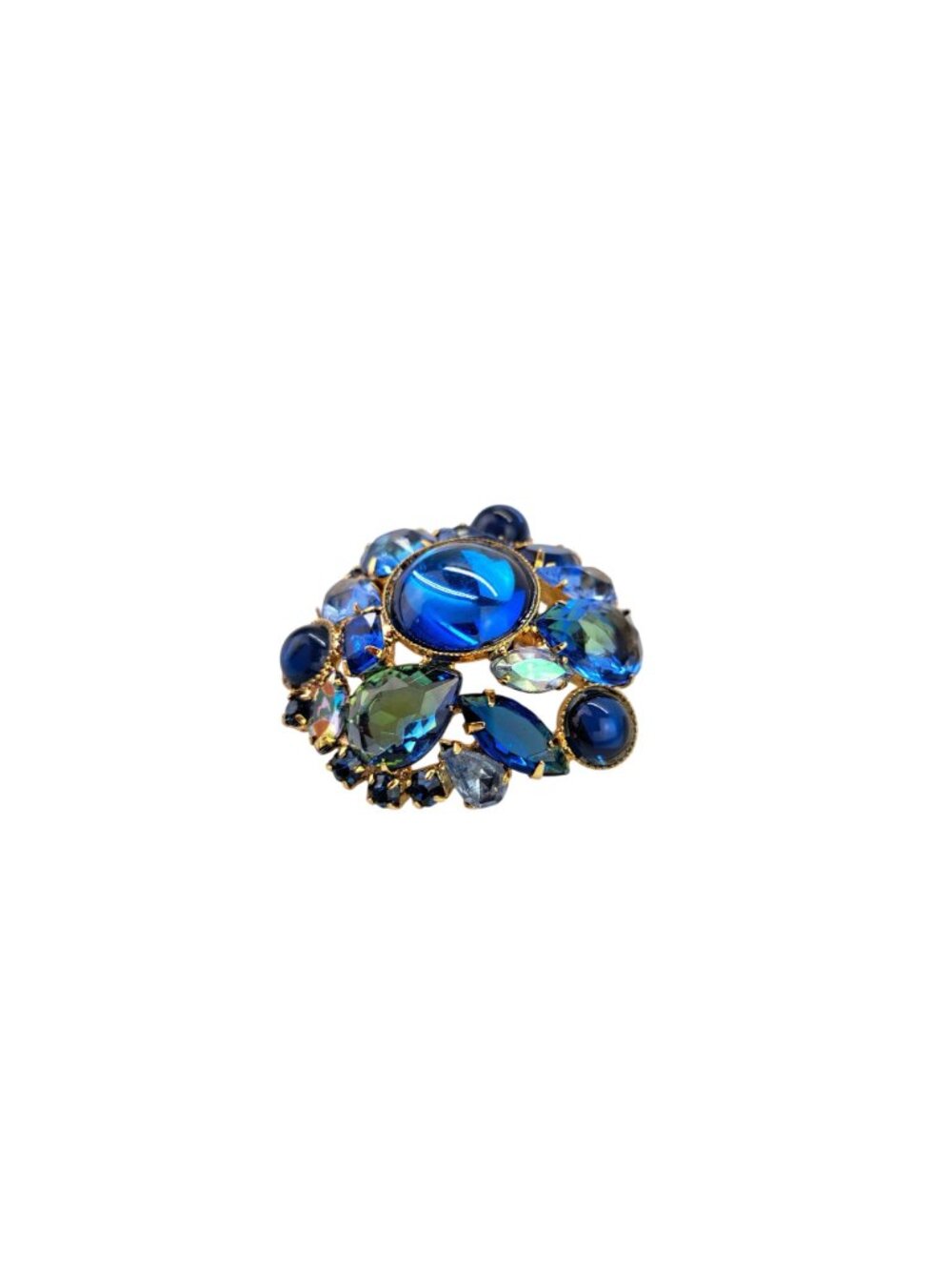 Vintage Blue Rhinestone Round Brooch Pin Dome Cabochon Navette Cluster Statement - Picture 8 of 11